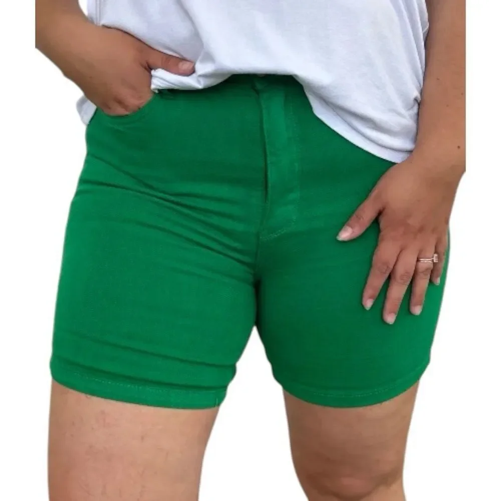 Judy Blue Shorts Green High Rise Tummy Control Cuffed Garment Dyed Stretch Denim